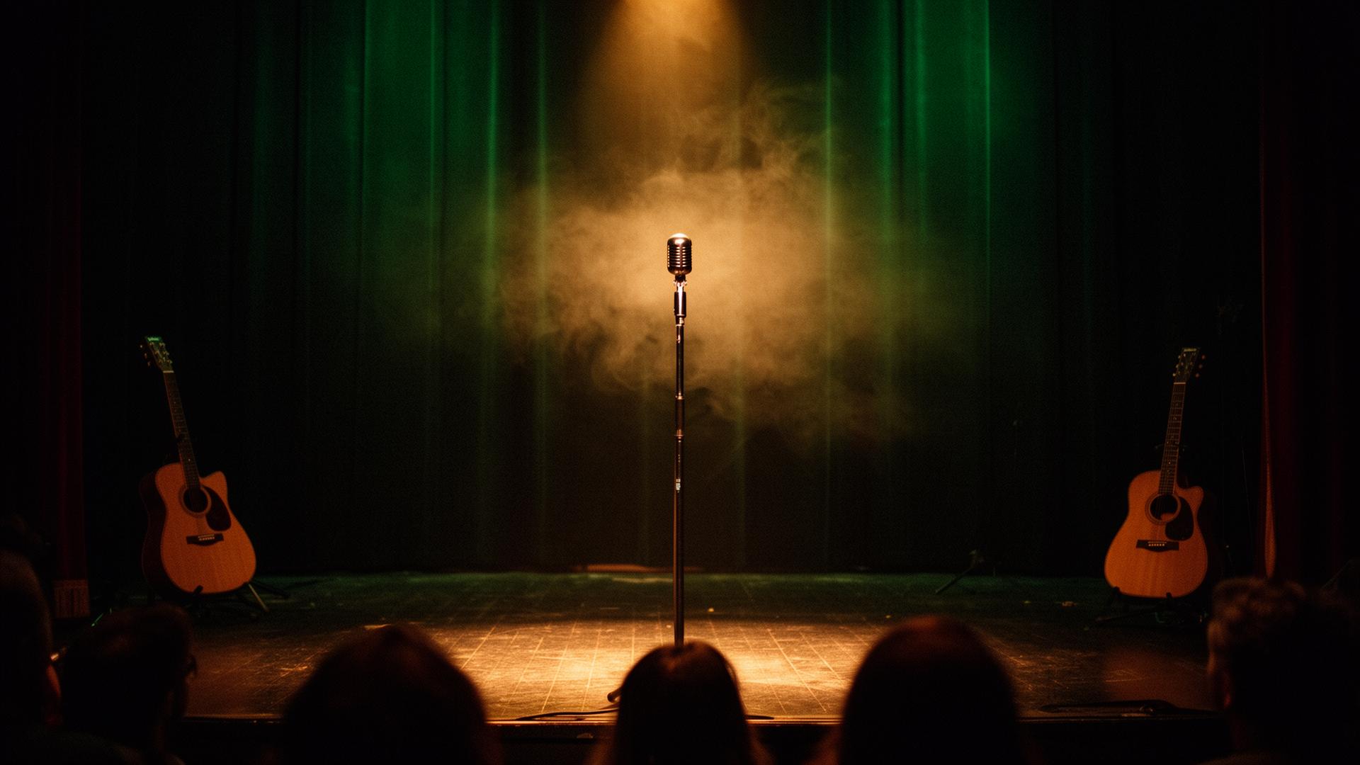 Dimly lit stage with a vintage microphone bathed in green light